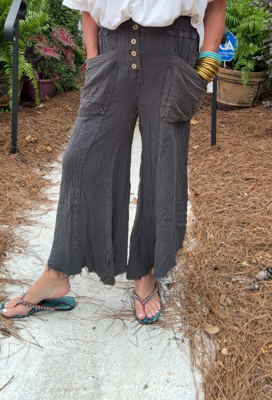 Still of The Night Fray Hem Pants in Charcoal