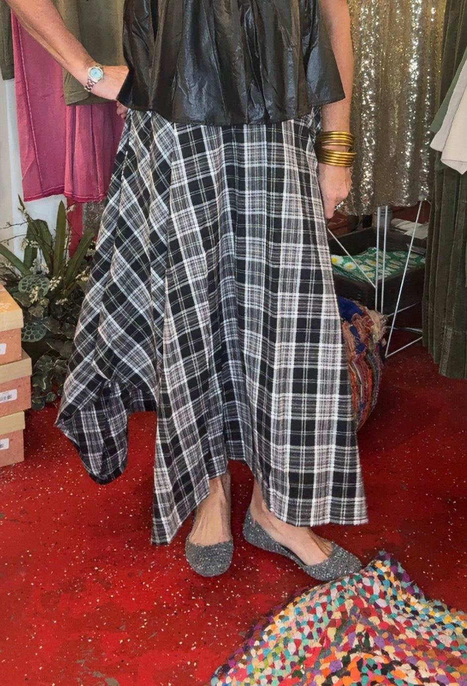 Here You Come Again Plaid MIDI Skirt