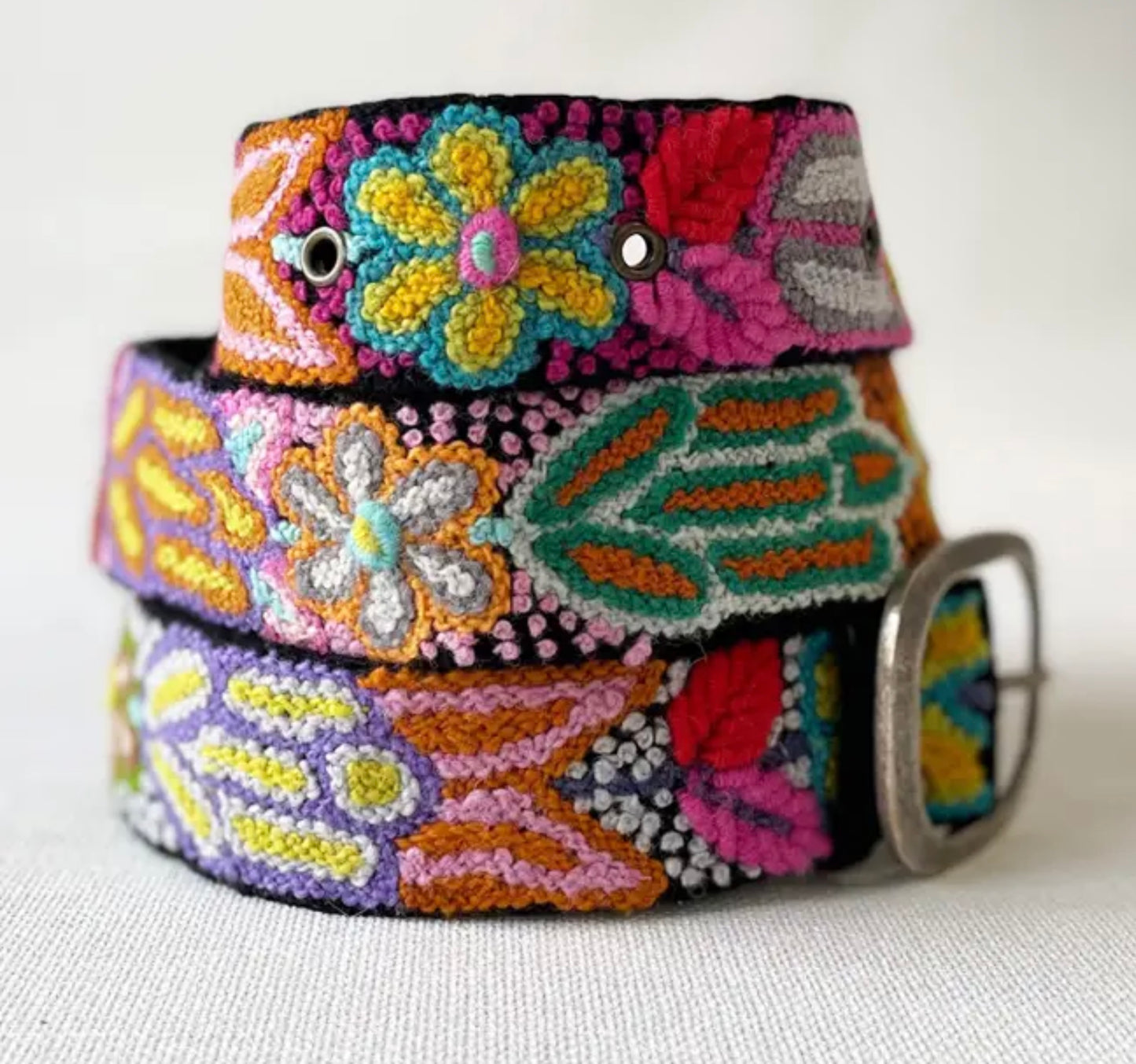 Folklorica Floral Embroidered Wool Belt, Black
