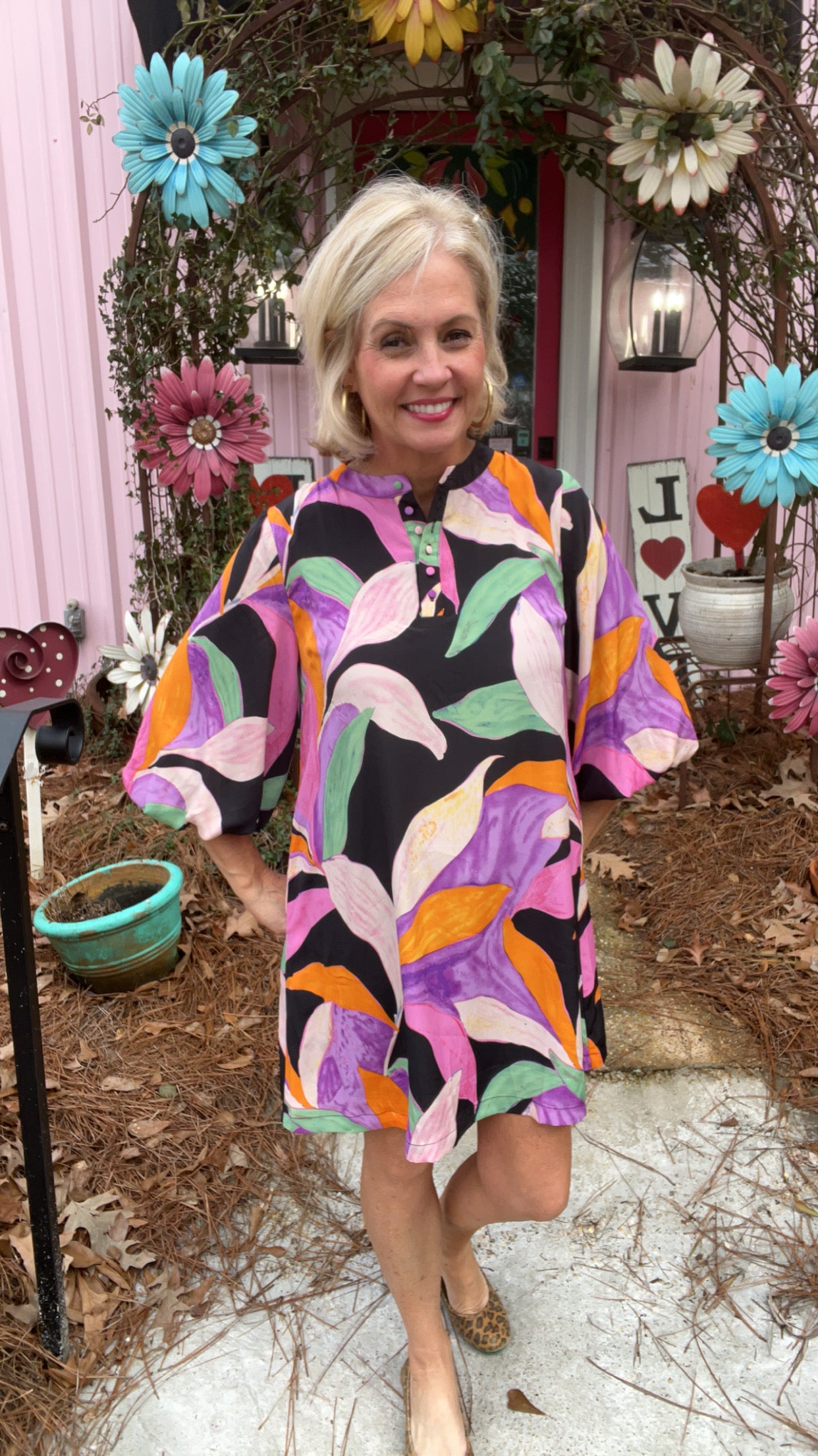 The Vera Satin Leaf Print Dress