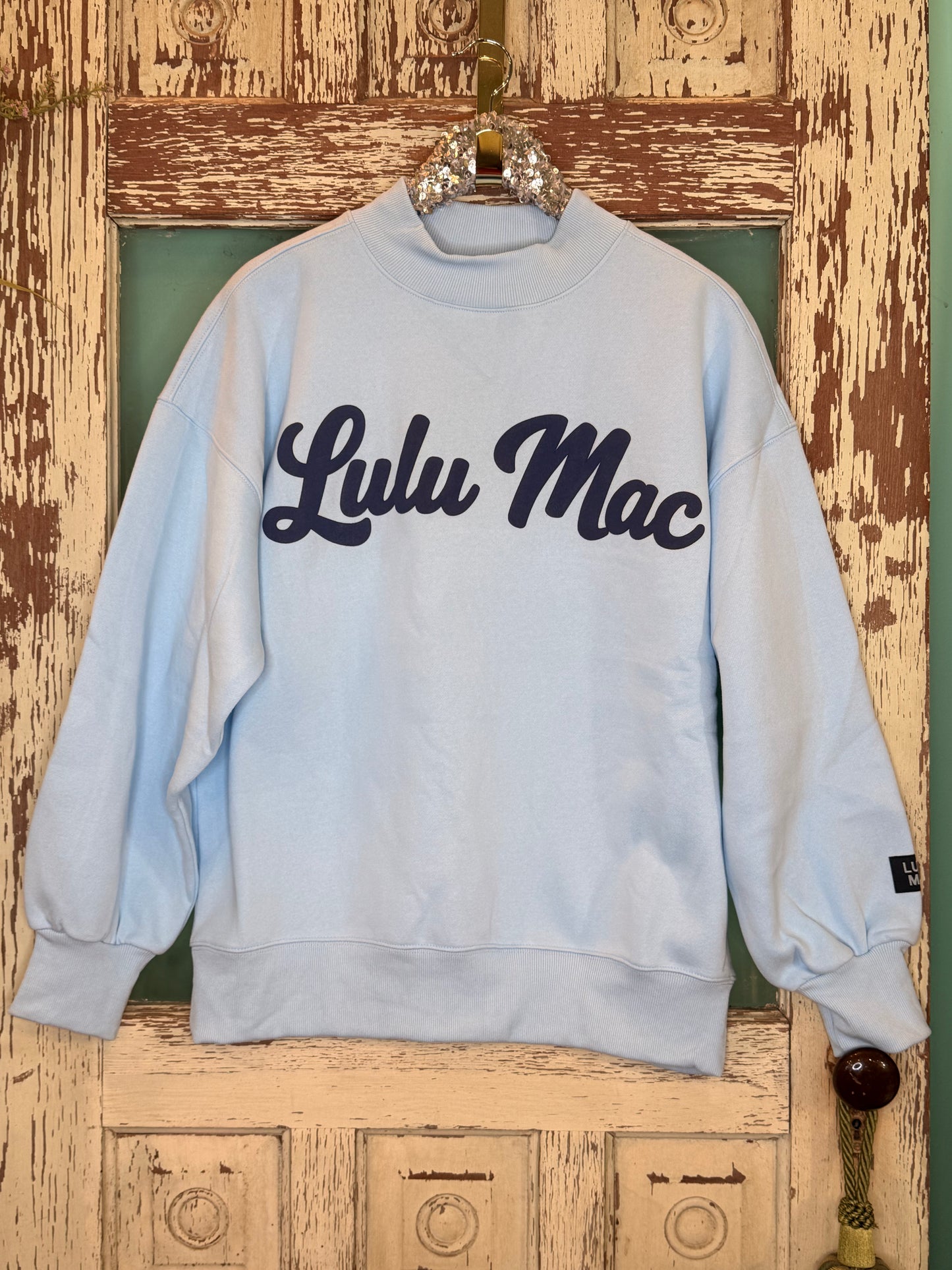 LuLu Mac Script Light Blue with Navy Sweatshirt