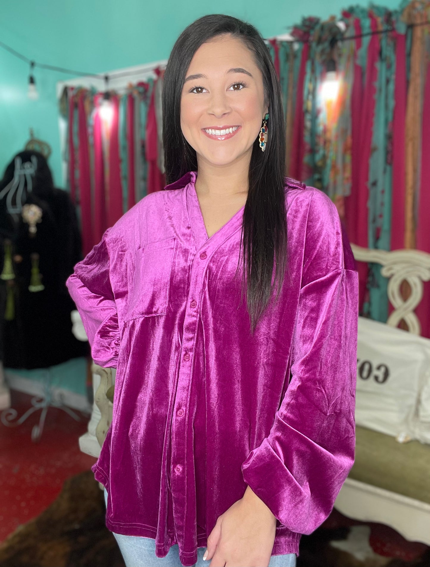 The Joey Velvety Button Down in Magenta