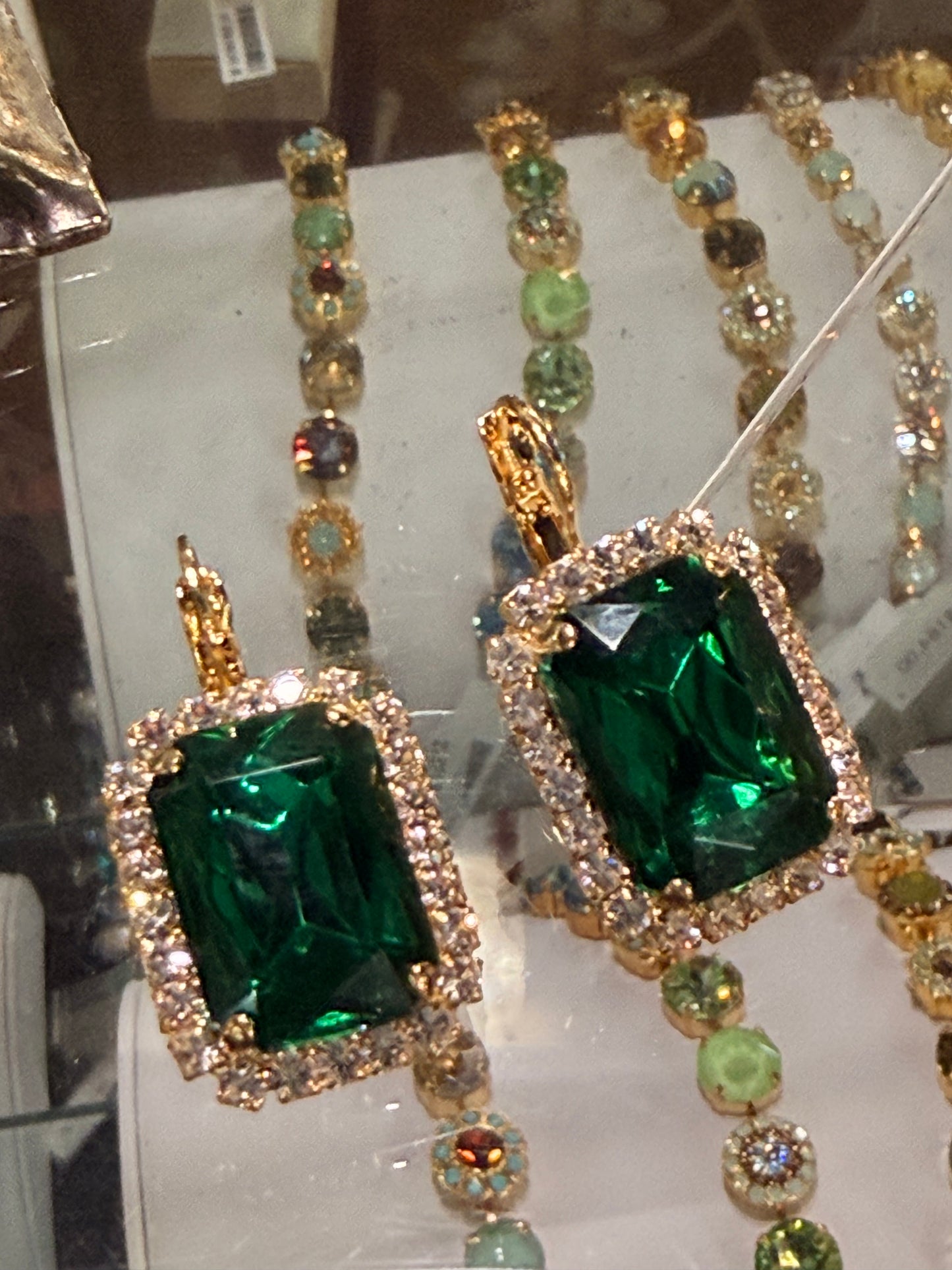 Emerald Green with Clear Crystal Stones Earrings