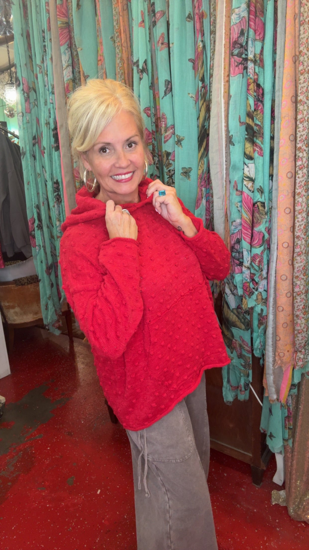 The Grace Popcorn Knit Hoodie in Red