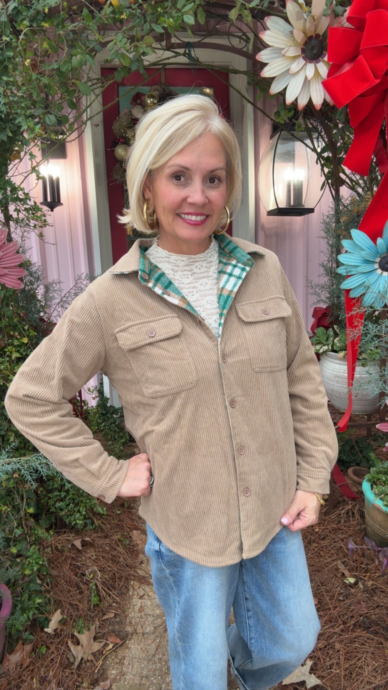 Birds of a Feather Corduroy Flannel in Taupe