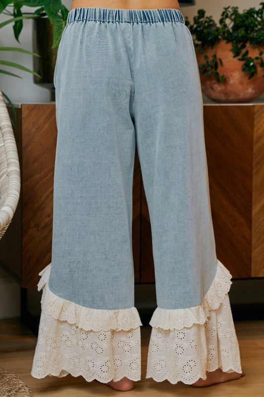 The Clara James Denim Ruffled Lace Pants