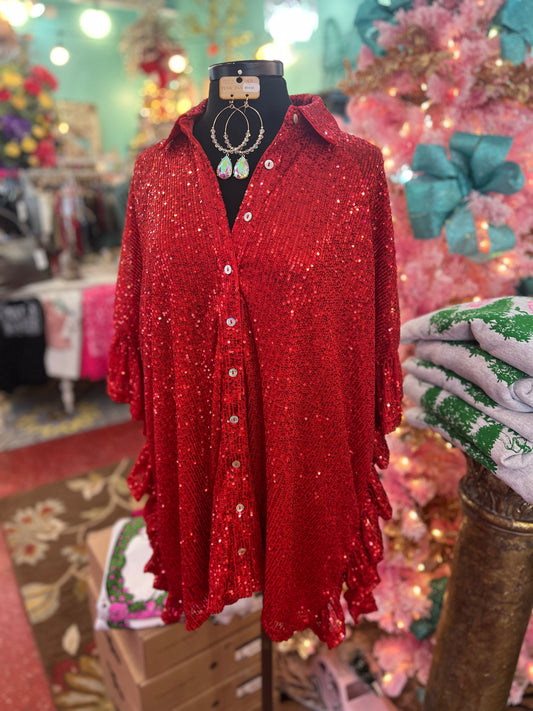 Wrapped Up In You Sequin Button Down  in Red