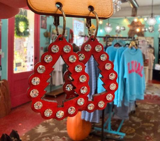 Red Wooden Christmas Tree Earrings with Clear Crystals