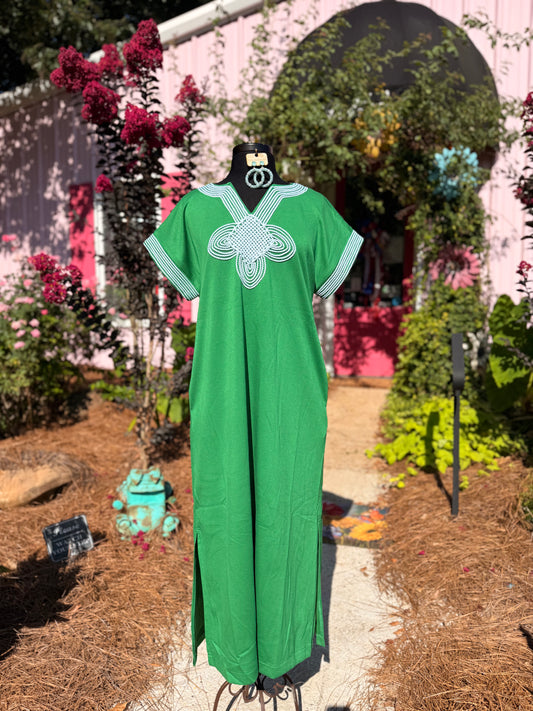 The Elle Dress in Green with Mint Embroidery