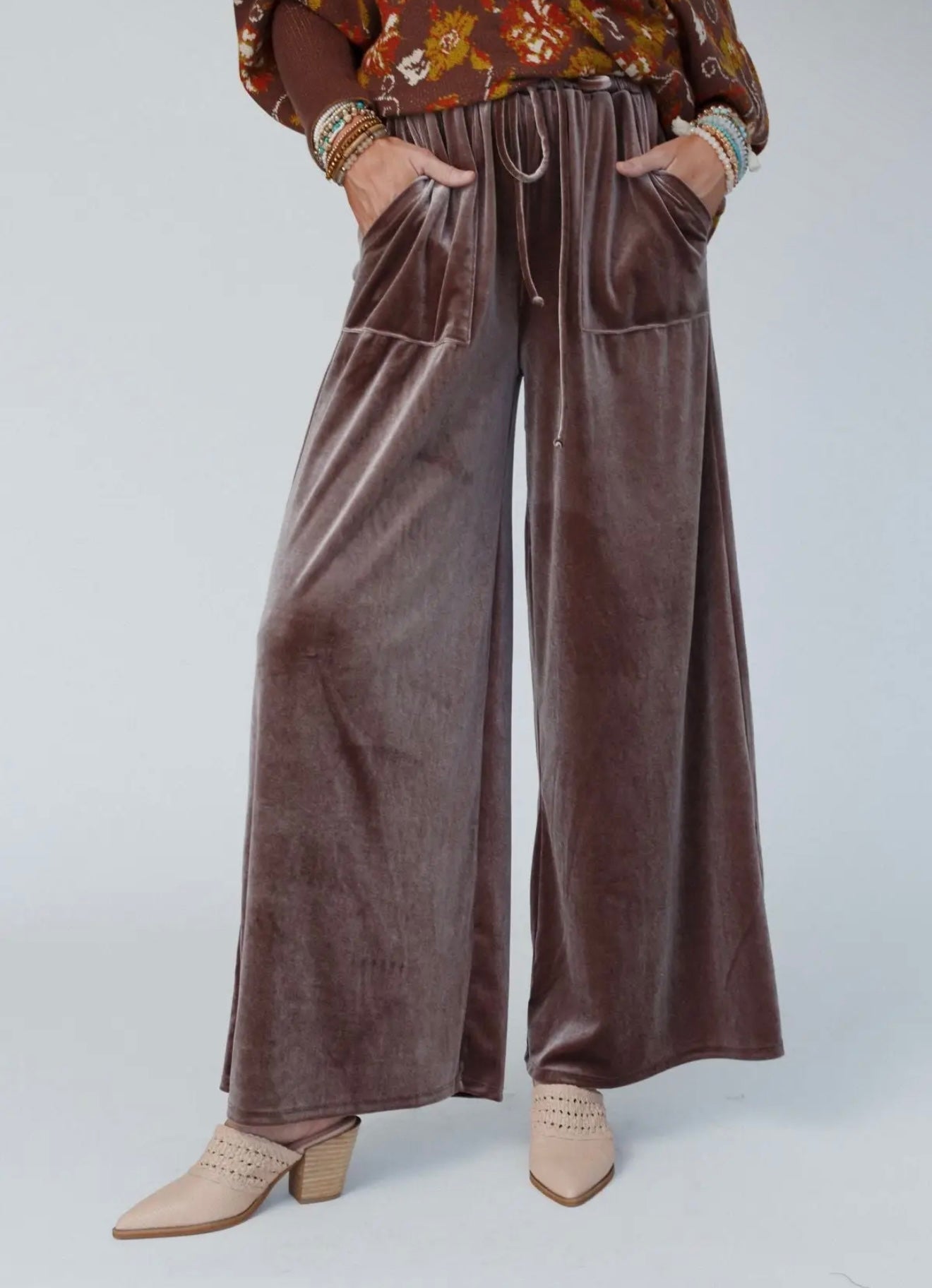 Three Birds Nest Relaxing Robin Velvet Wide Leg Pants in CoCo