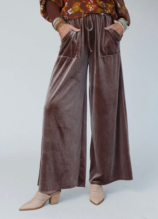 Three Birds Nest Relaxing Robin Velvet Wide Leg Pants in CoCo