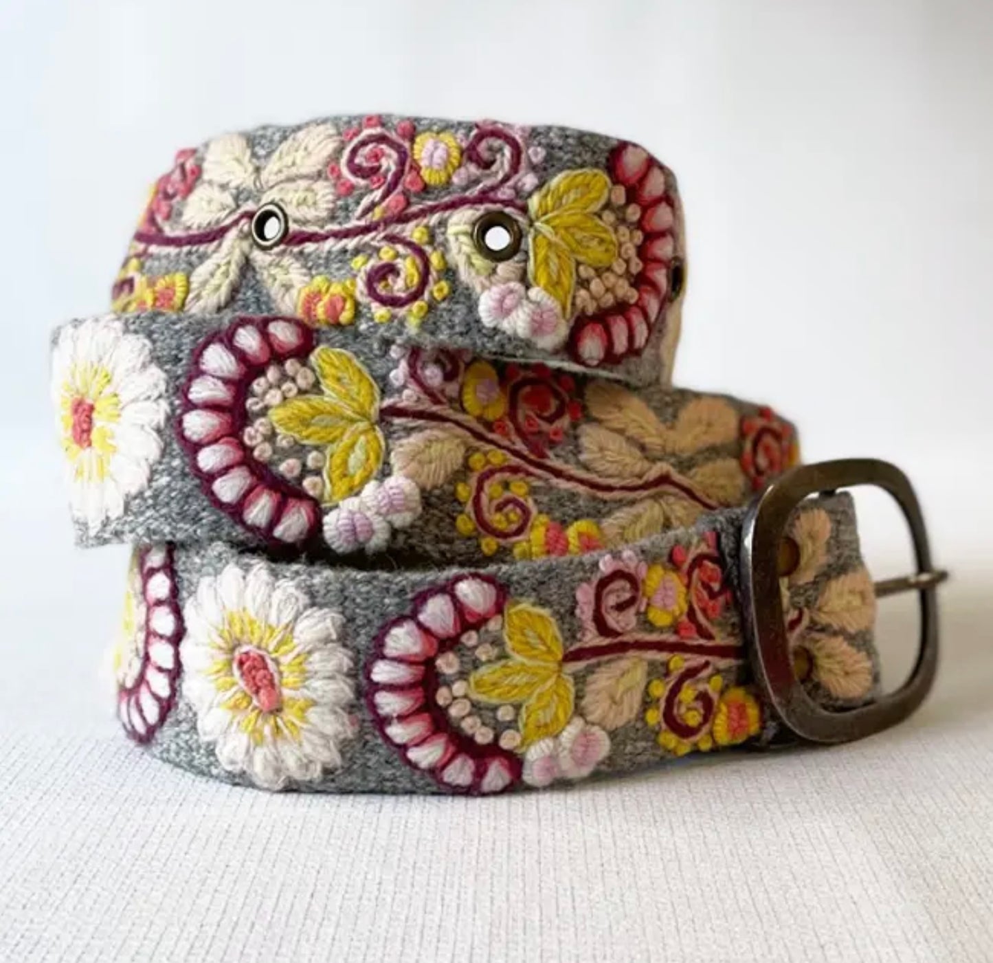 Heather Gray Floral Embroidered Wool Belt