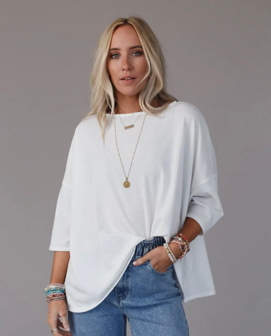 Three Birds Nest Cozy Cool Over Sized Tee in White