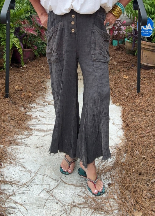 Still of The Night Fray Hem Pants in Charcoal