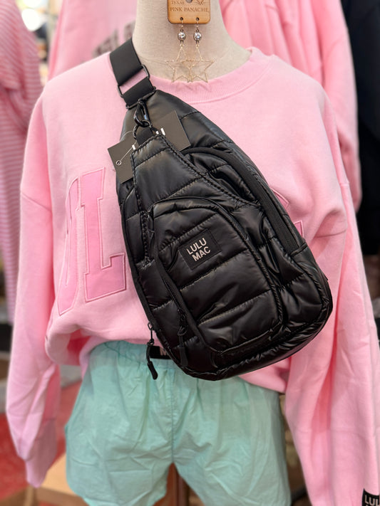 LULU MAC BLACK PUFFER SLING BAG