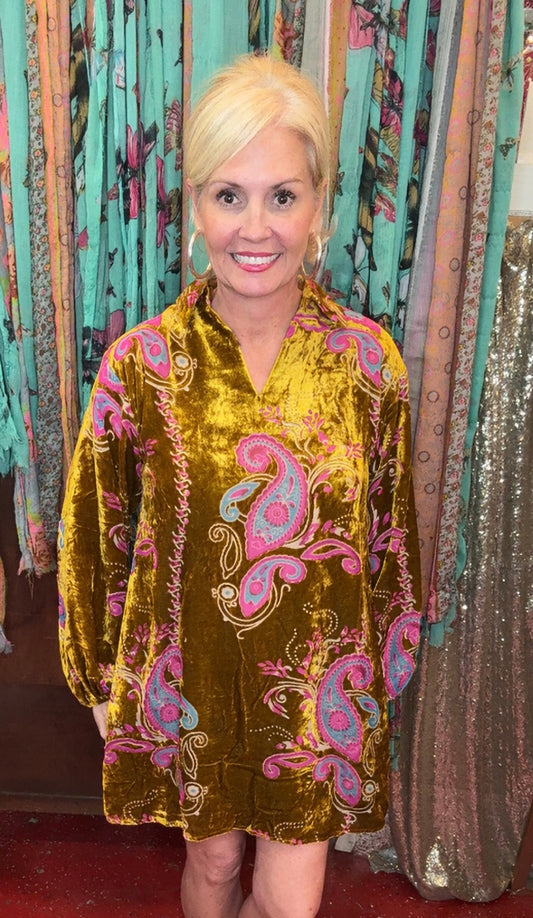 The Lotus Velvety Dress in Golden Olive