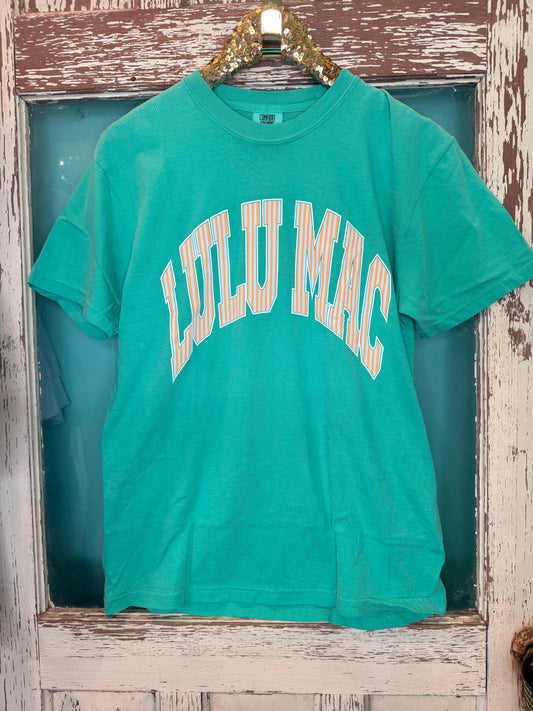 Aqua Lulu Mac T with Yellow Stripes