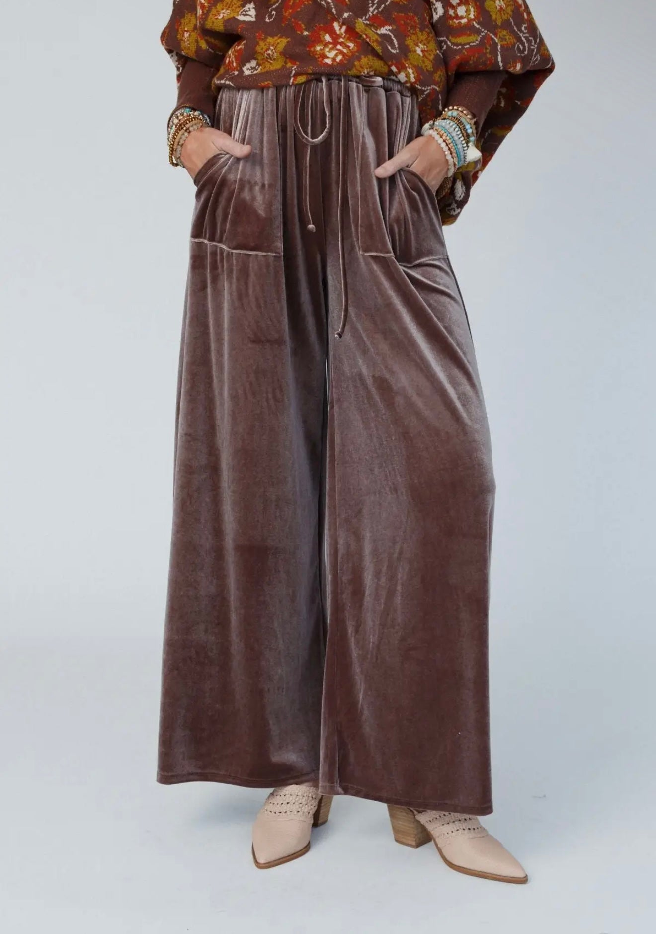 Three Birds Nest Relaxing Robin Velvet Wide Leg Pants in CoCo