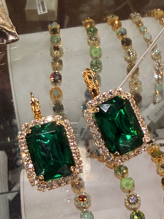Emerald Green with Clear Crystal Stones Earrings