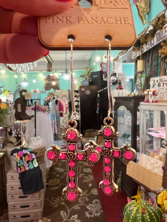 Neon Pink Drop Cross Earrings