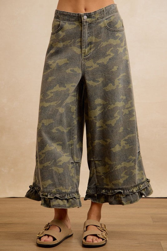 The Rowan Camo Denim Ruffled Bloomer Pants