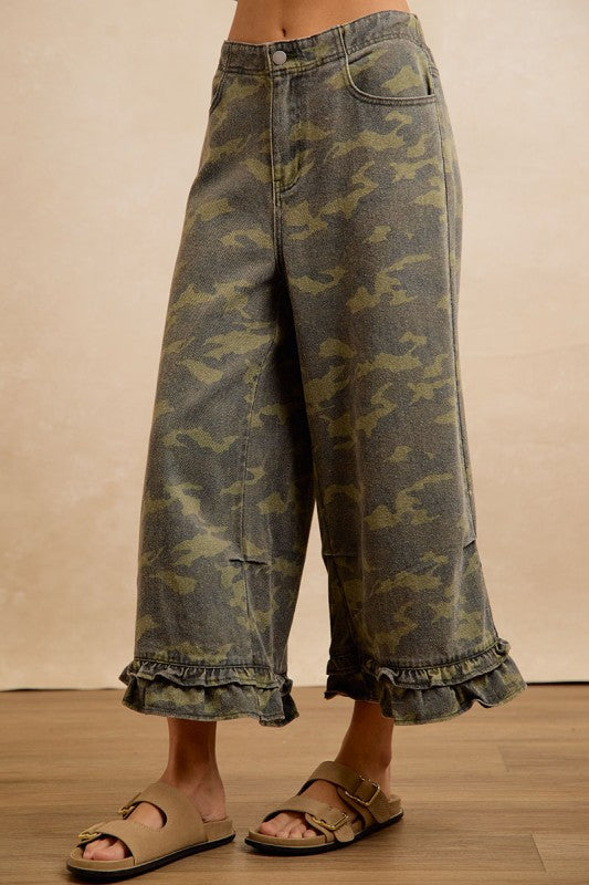 The Rowan Camo Denim Ruffled Bloomer Pants